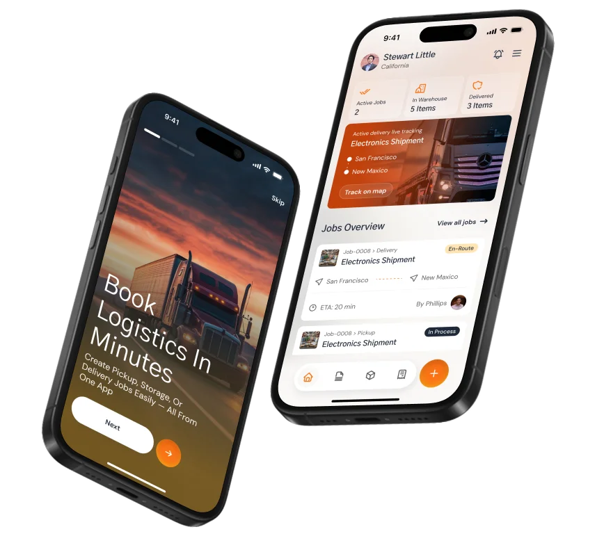 Mobile app mockup showing logistics booking and jobs dashboard screens